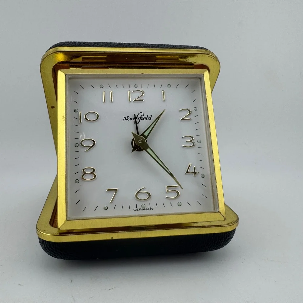 Vintage Northfield Black Travel Alarm Clock German Mechanical Wind Up Folding